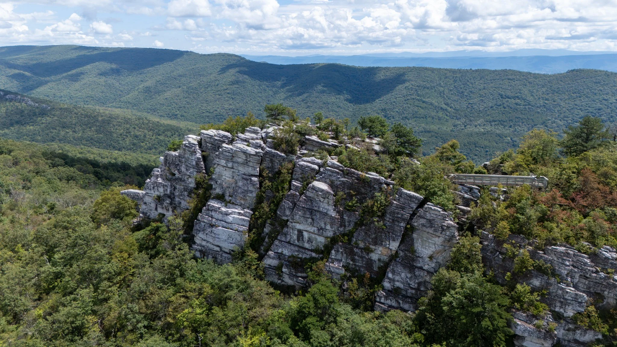 A rocky cliff surrounded by dense green trees with mountain ranges in the background under a partly cloudy sky.