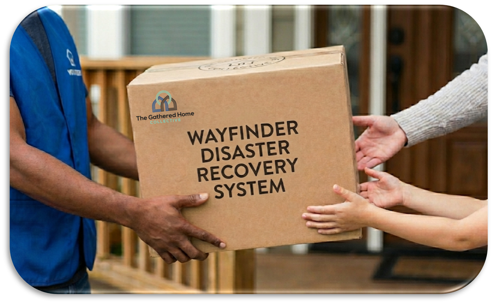Two people passing a large box labeled "Wayfinder Disaster Recovery System" with One person wearing a blue vest and the other in a striped shirt.