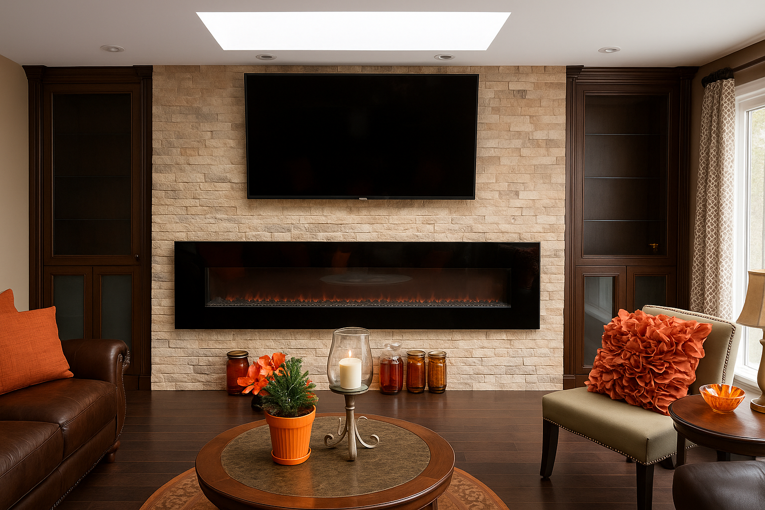 Cozy living room with a fireplace, wall-mounted TV, wooden cabinets, and decorative orange accents. A glass candle holder with a white candle, orange jars, and a small potted plant on a round coffee table. An orange cushion on a beige chair and an or