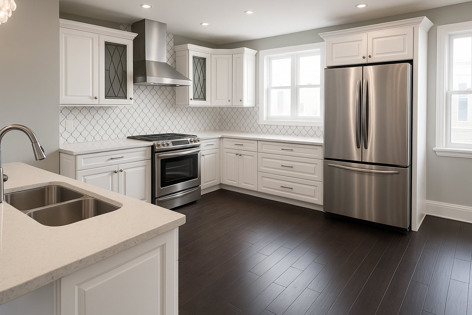 Modern kitchen with white cabinets, stainless steel refrigerator, stove, and range hood, dark wood flooring, and natural light from windows.