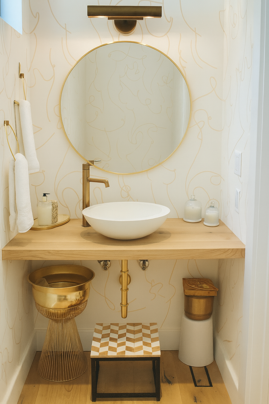 Modern bathroom with a wall-mounted round mirror, a vessel sink with a gold faucet, and a gold basin on a matching stand. Light wooden vanity with minimal decor, towels on gold hooks, and a patterned stool. The walls have a light, abstract line desig