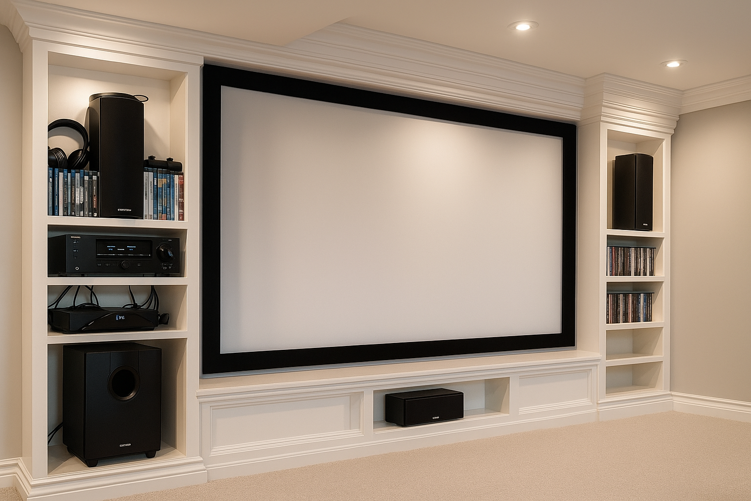 Home theater setup with a large blank projection screen, white built-in shelving on either side holding speakers, DVDs, and electronic equipment, and a black subwoofer on the floor.