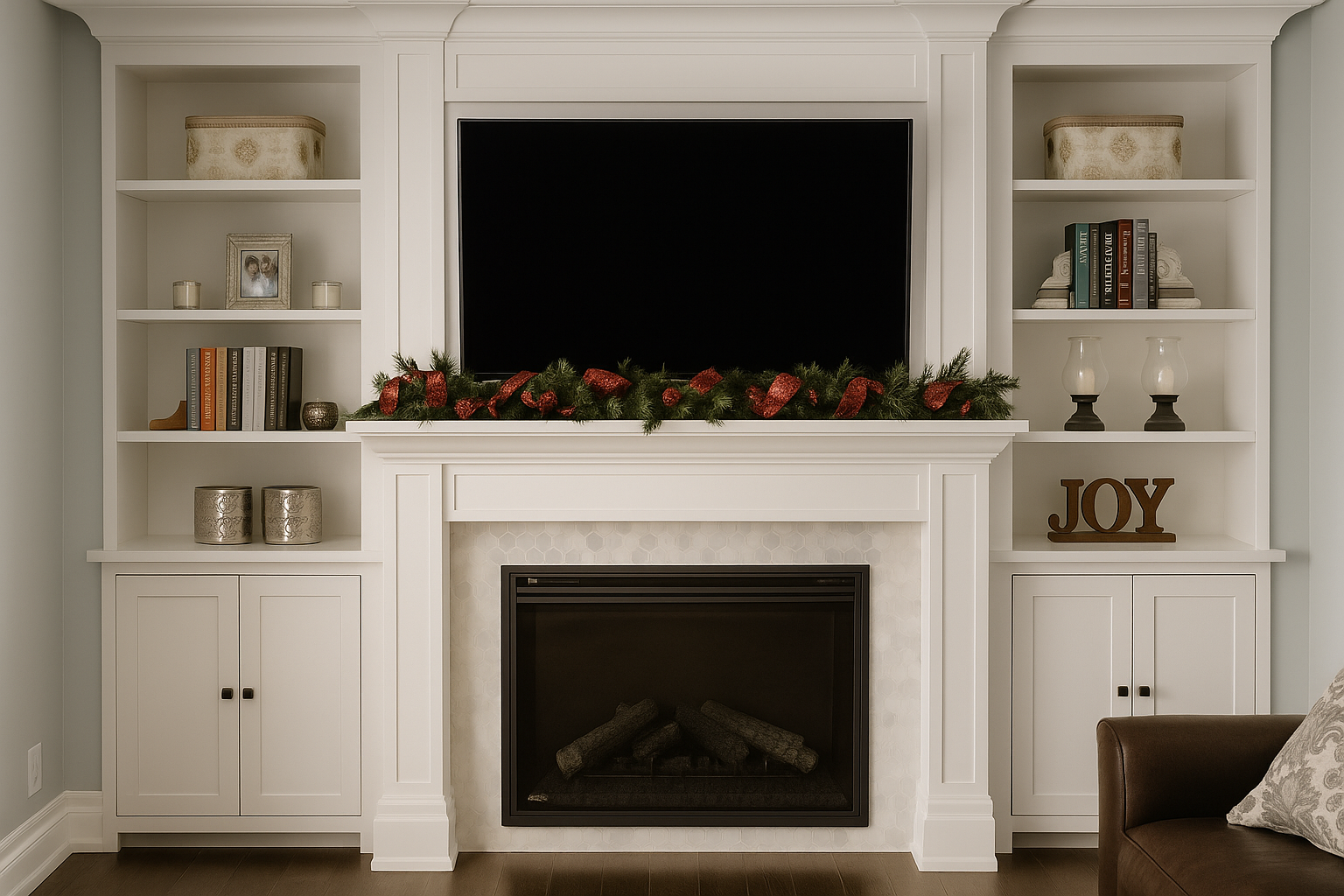 White built-in shelves and cozy fireplace decorated for Christmas with greenery and red ribbon, above a black TV, with a brown chair and cushion to the right.