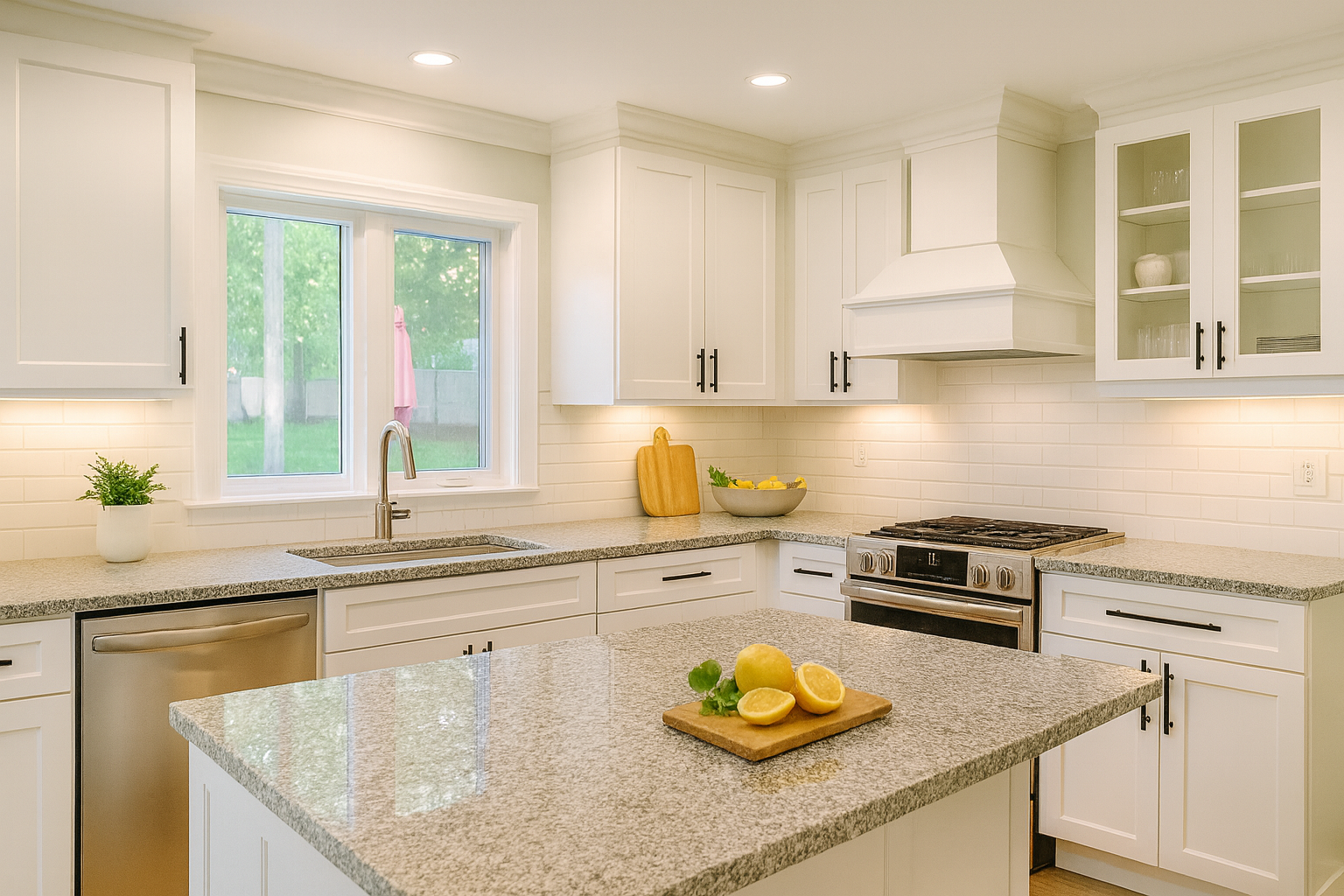 Modern kitchen with white cabinets, granite countertops, stainless steel appliances, and a kitchen island with lemons and cilantro on a cutting board.