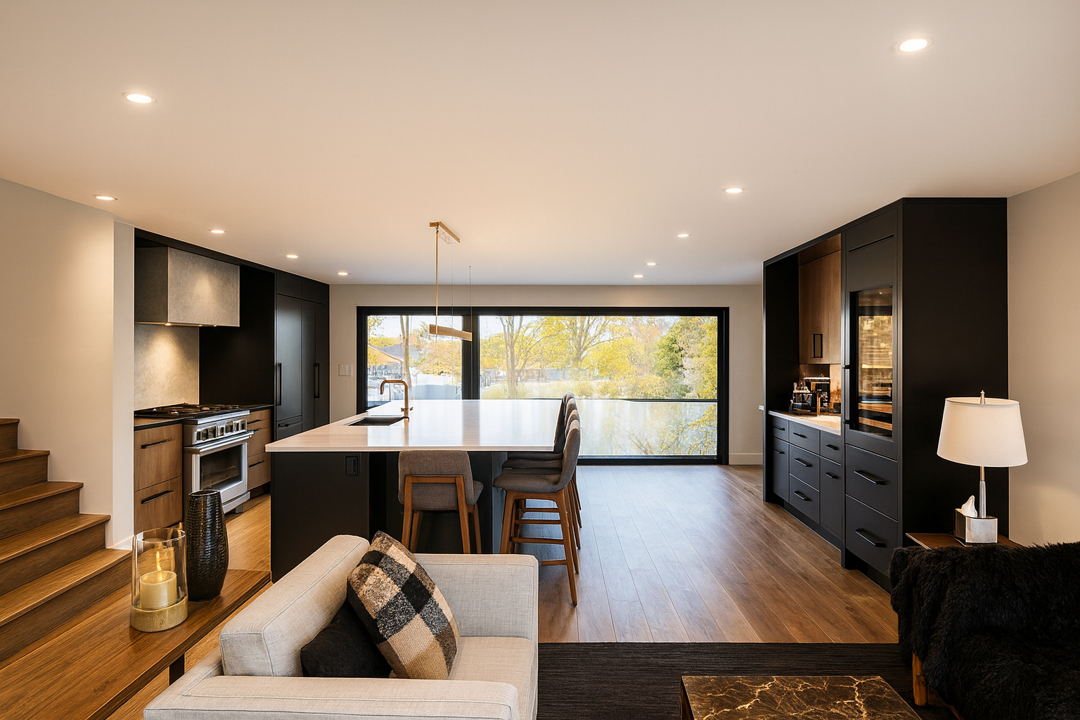 Open-concept kitchen and living room with large window, wooden flooring, black cabinets, island with four chairs, beige sofa with plaid cushion, and side table with lamp.