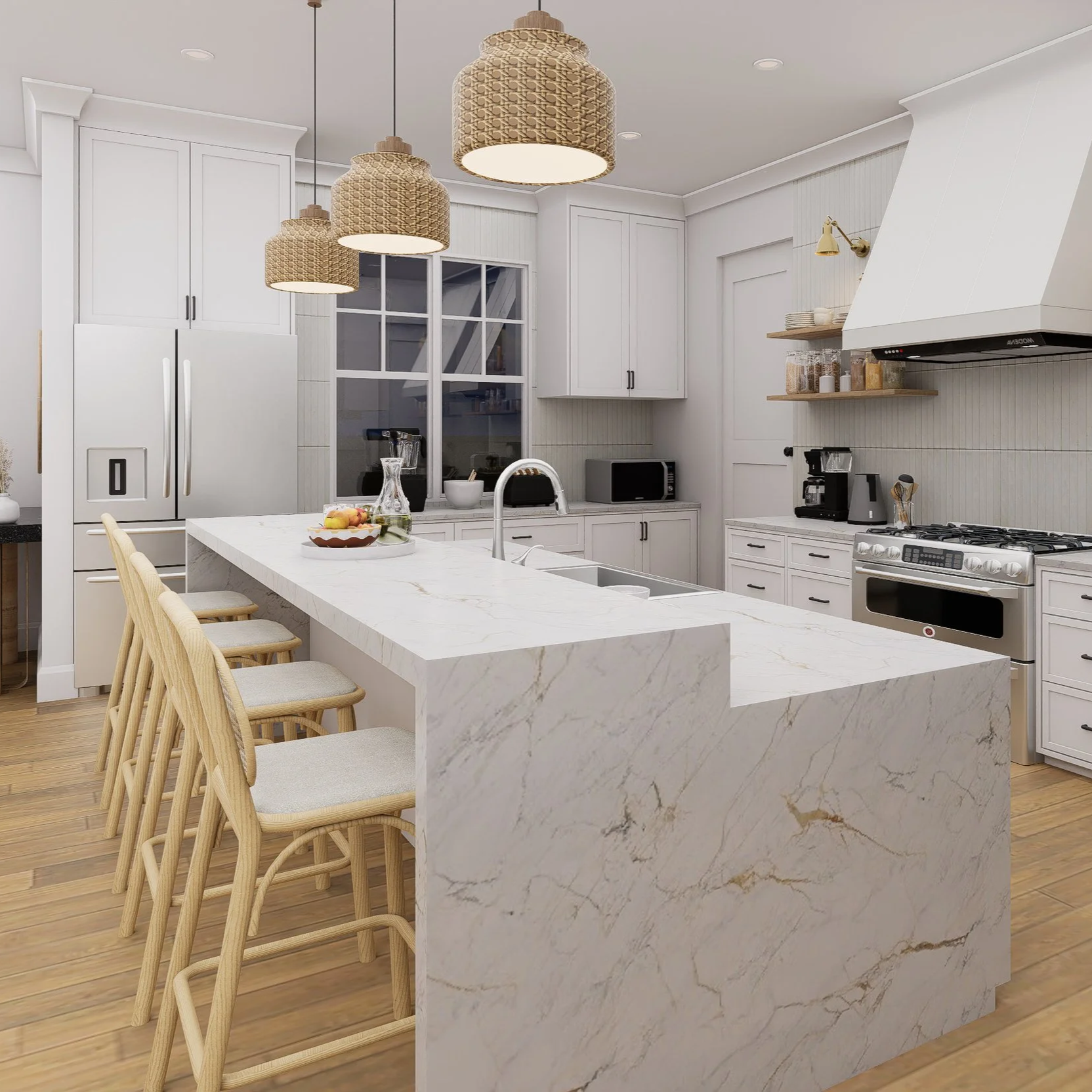 Modern white kitchen with marble island, wooden bar stools, pendant lights, stainless steel refrigerator, stove, microwave, coffee maker, and open shelves.