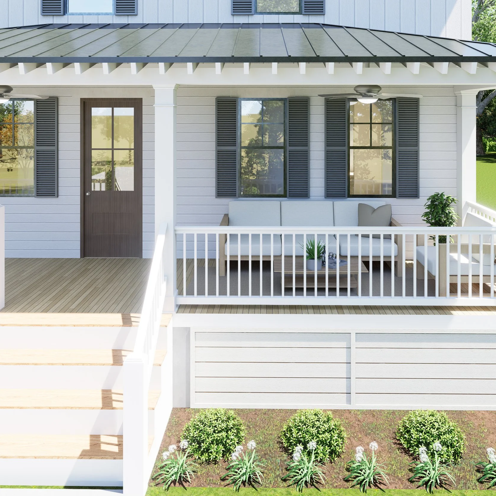 Beautiful white house with a front porch, dark shutters on windows, and outdoor seating with a coffee table and plants, overlooking a small garden with flowering bushes.