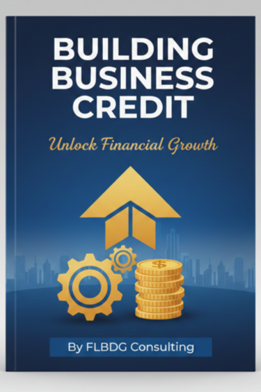 Cover of a book titled 'Building Business Credit' with a subtitle 'Unlock Financial Growth,' featuring icons of gears and stacked coins, and the publisher 'By FLBDG Consulting.'
