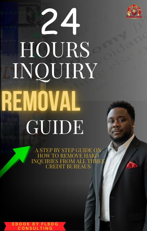 Book cover titled '24 Hours Inquiry Removal Guide' featuring a man in a suit and a green upward arrow, with a logo in the top right corner and a red banner at the bottom.