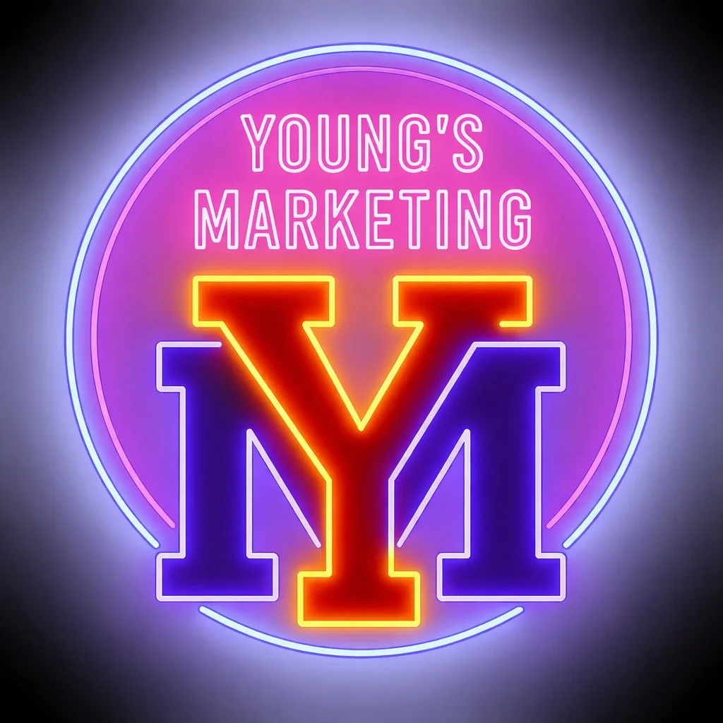 Neon sign reading 'Young's Marketing' with a large 'Y' in the center, using bright colors and glowing effects.
