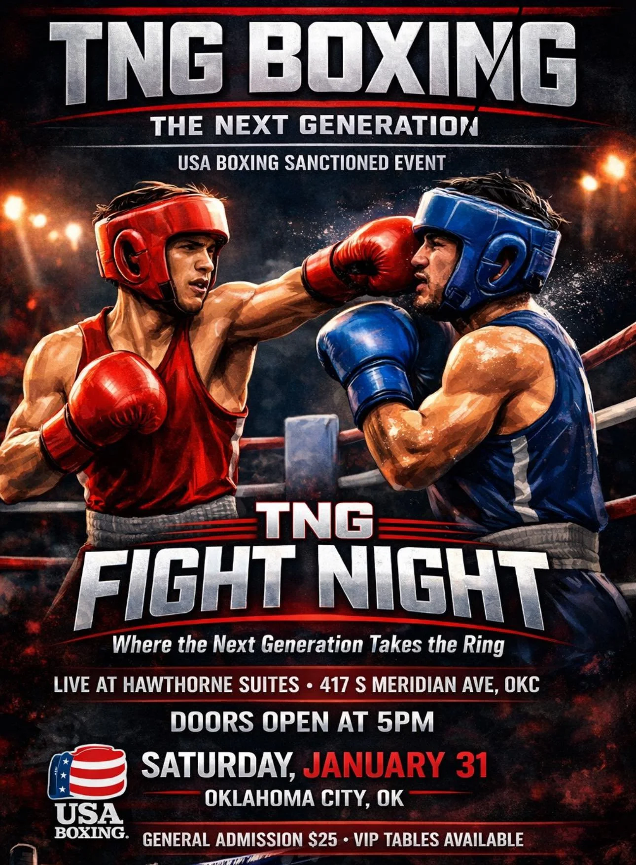 A poster for an amateur boxing event featuring two fighters in red and blue gear, engaged in a match inside a boxing ring with bright lights and an audience background.