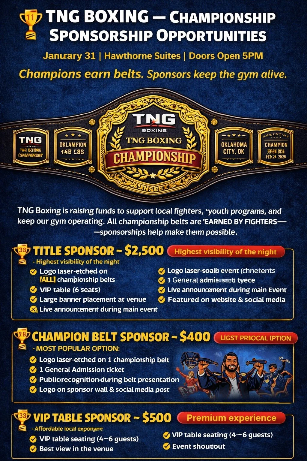 Poster for TNG Boxing Championship Sponsorship Opportunities, scheduled for January 31 at Hawthorne Suites, doors open at 5 PM. Features sponsorship tiers including Title Sponsor, Champion Belt Sponsor, and VIP Table Sponsor, with details on benefits and prices.