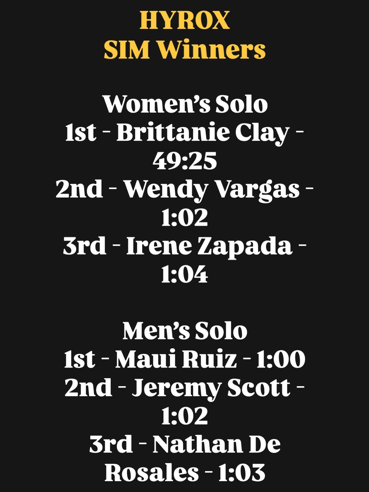 CONGRATS TO ALL OUR WINNERS 🎉

We can&rsquo;t wait to see you all on our next FULL SIM on Sept 12! You&rsquo;ll receive an email for early access code and discount code soon!

DM &ldquo;HYROX&rdquo; and we&rsquo;ll send you a signup link!

#hyrox #h
