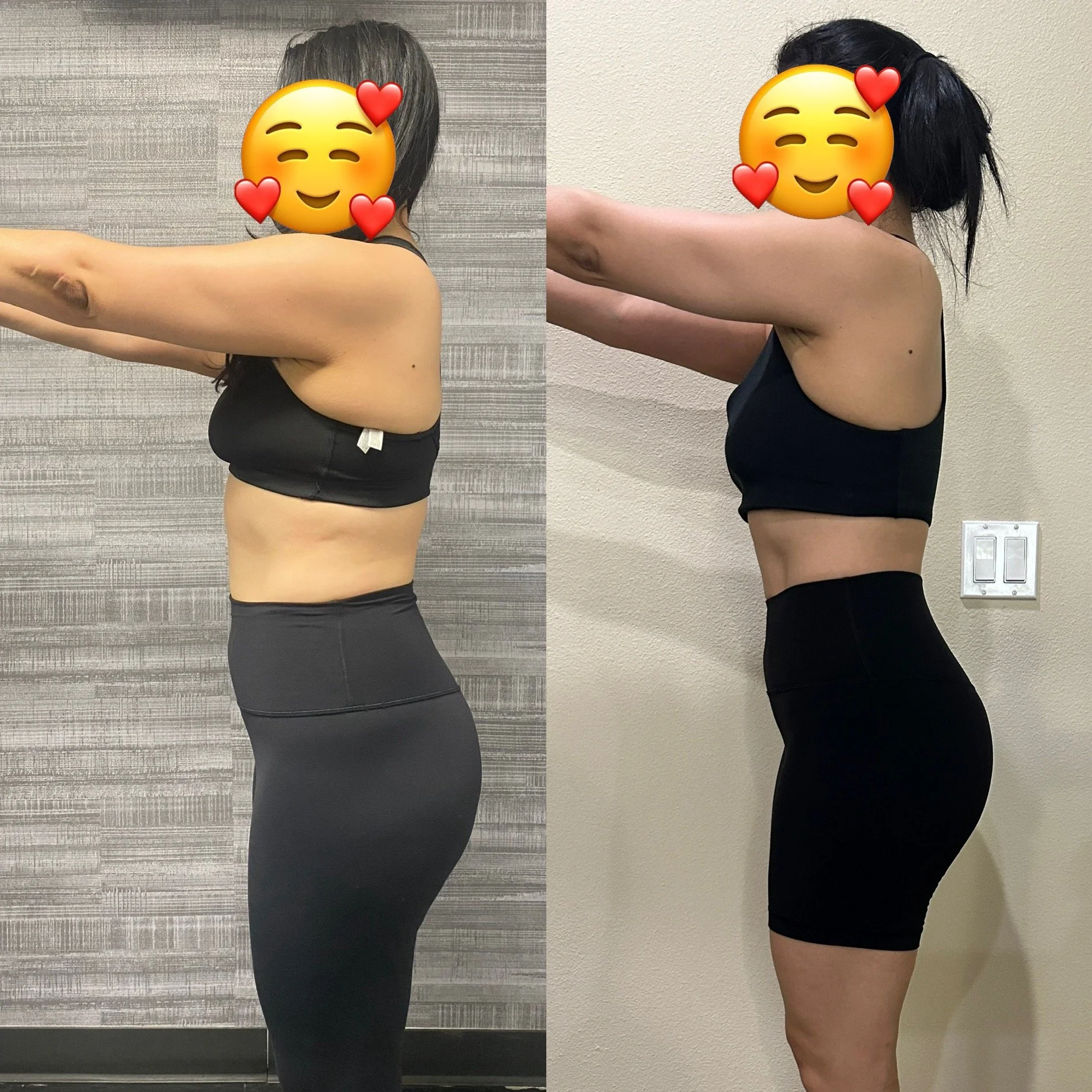 Side-by-side comparison of a woman in athletic wear before and after fitness progress. In the left photo, woman has a softer physique; on the right, she has a more toned and slim physique.