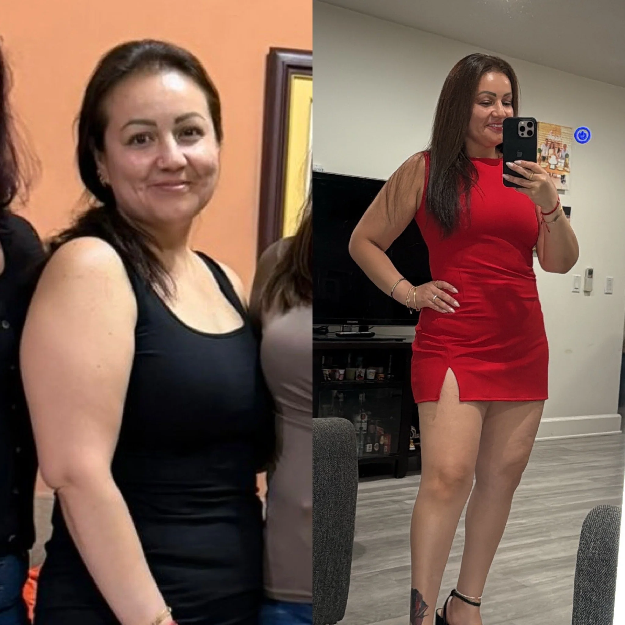 Side-by-side comparison of a woman before and after weight loss, wearing a black tank top in the first image and a red dress in the second.