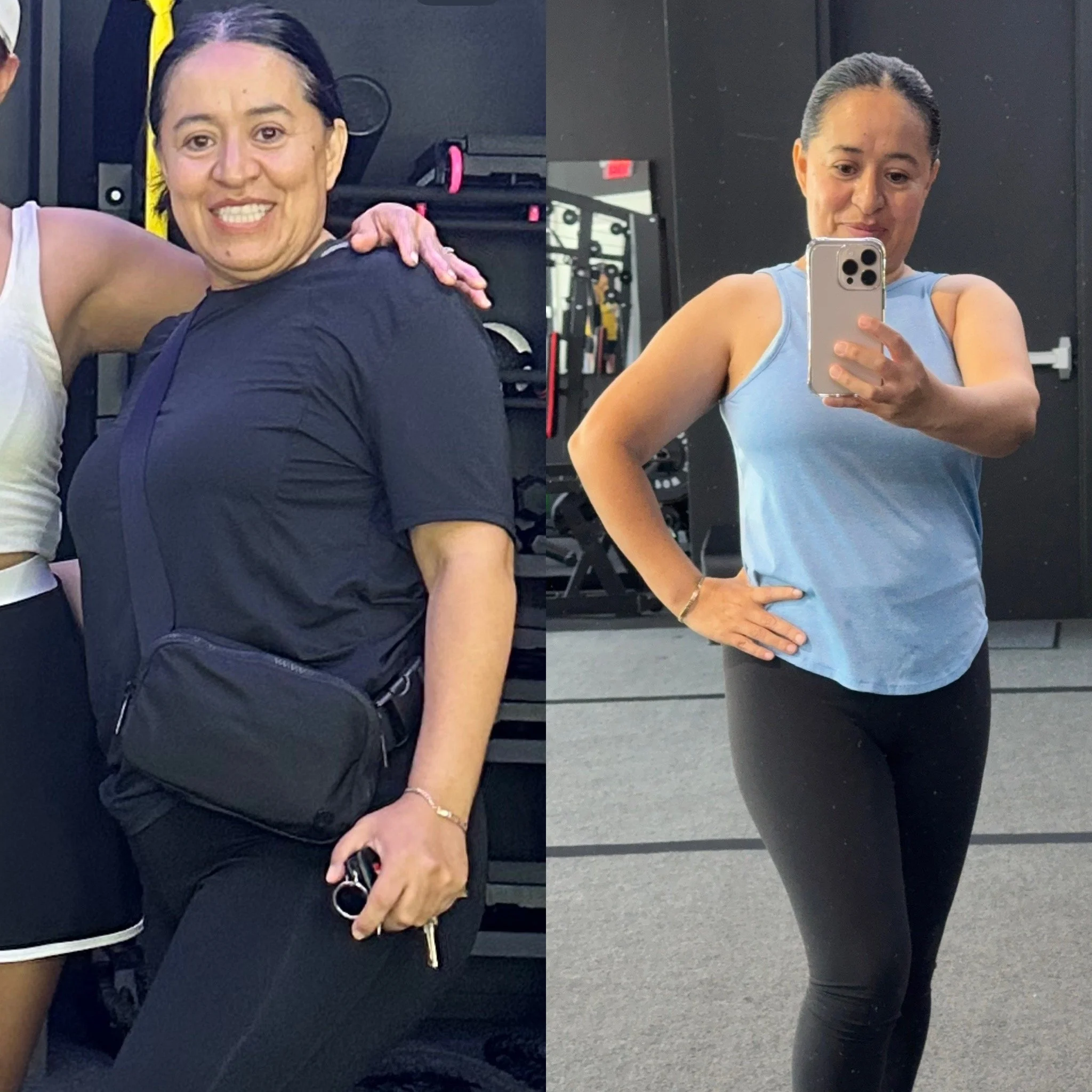 Side-by-side comparison of a woman before and after fitness transformation. In the before photo, she is wearing a black t-shirt and black pants, smiling with a gym setting in the background. In the after photo, she is wearing a light blue sleeveless 