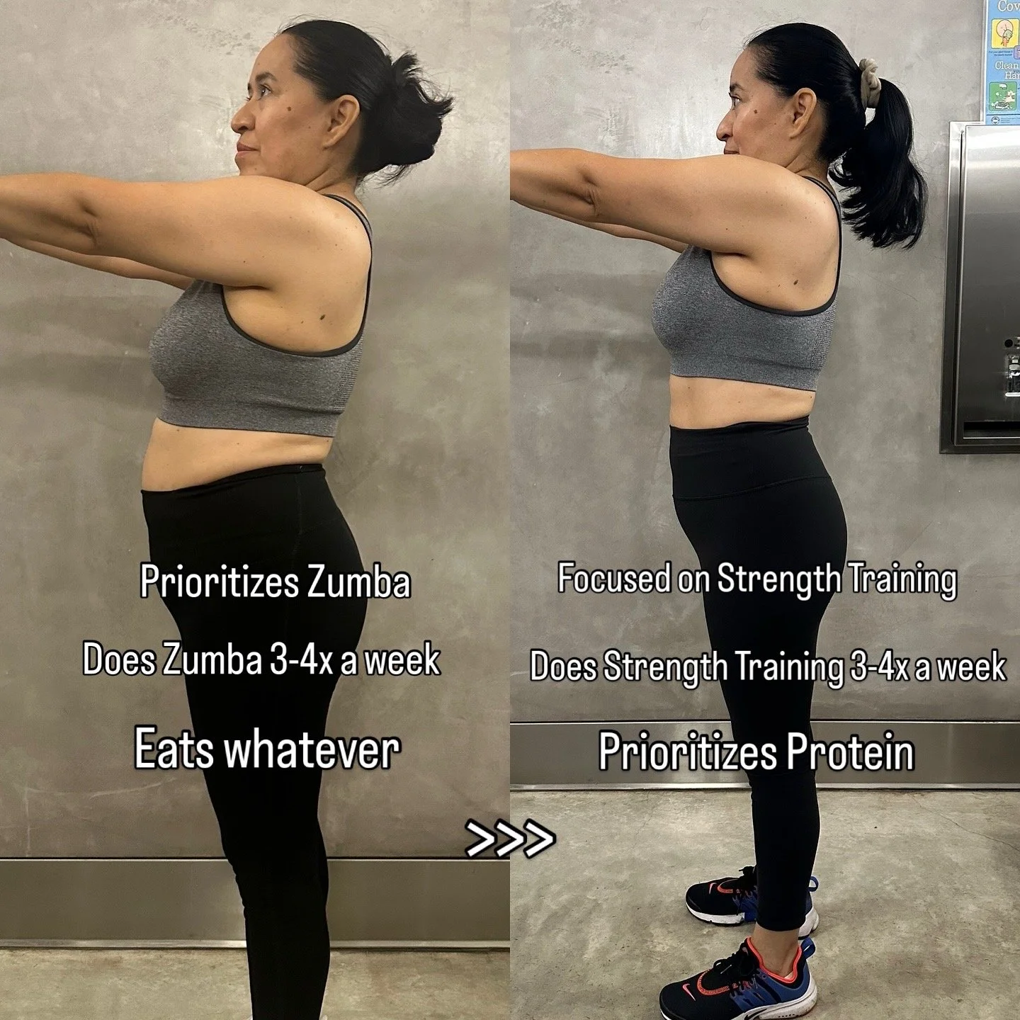Side-by-side comparison of a woman before and after a fitness transformation, with text overlays describing her focus on strength training, nutrition, and workout frequency.