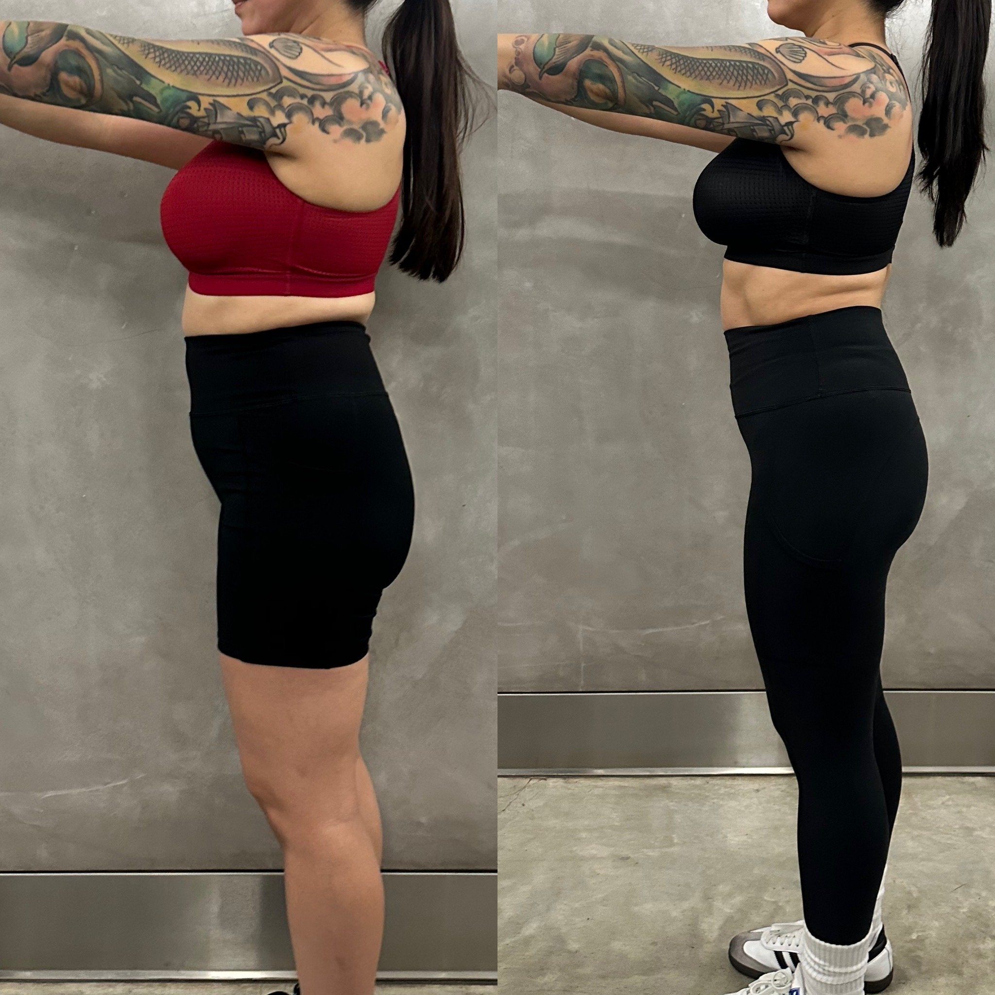 Side-by-side comparison of a woman before and after fitness transformation, with visible weight loss and toned muscles, wearing black leggings and different sports bras (red then black).