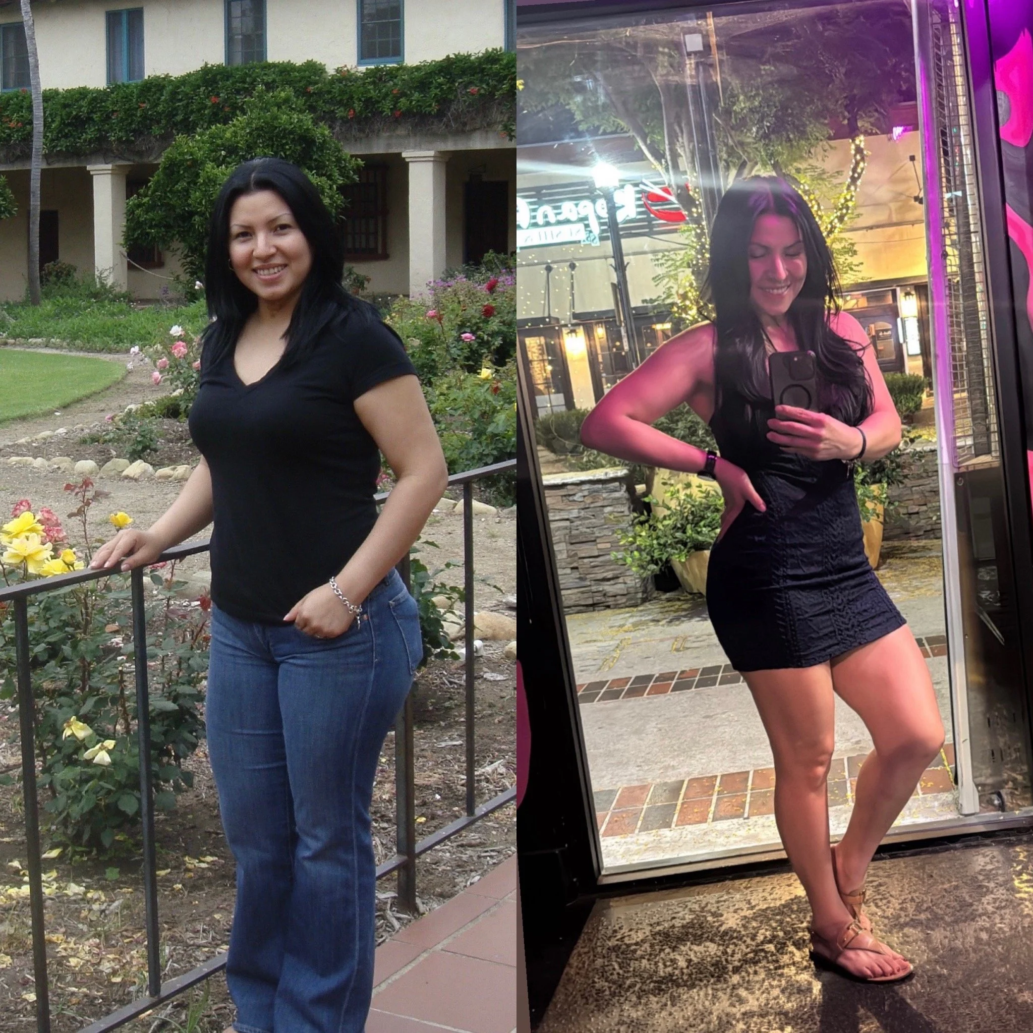 The image shows two side-by-side photos of the same woman. On the left, she is standing outdoors in a garden, smiling, wearing a black t-shirt and jeans. On the right, she is inside in front of a mirror, taking a selfie, wearing a black sleeveless dr