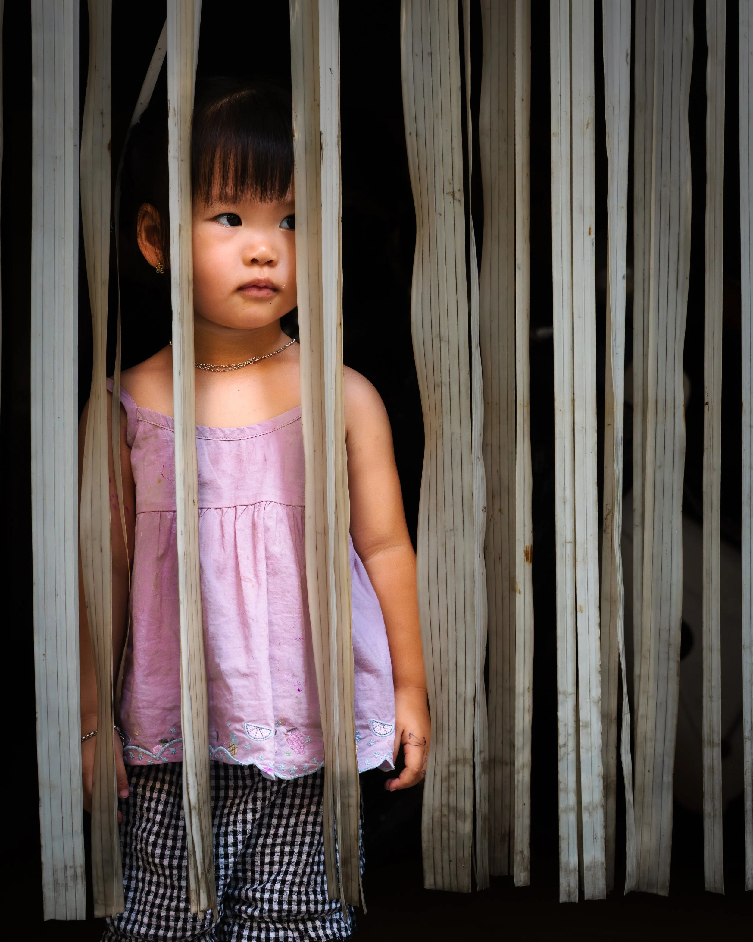 A young Vietnamese girl with dark hair and bangs, wearing a pink dress and checkered pants, looking out from behind wooden slats.