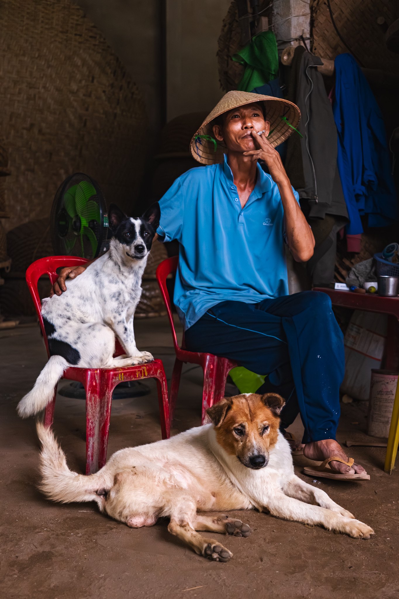 An elderly man with a traditional conical hat, smoking a cigarette, sitting on a red chair, accompanied by two dogs inside a rustic room with brick and bamboo walls, clothing hanging behind him, and a small table with various items.