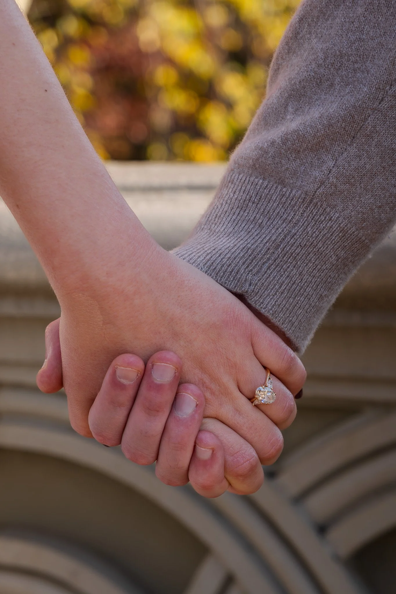 Close-up of a couple holding hands, the woman is wearing an engagement ring with a large, clear diamond. The background shows autumn leaves.