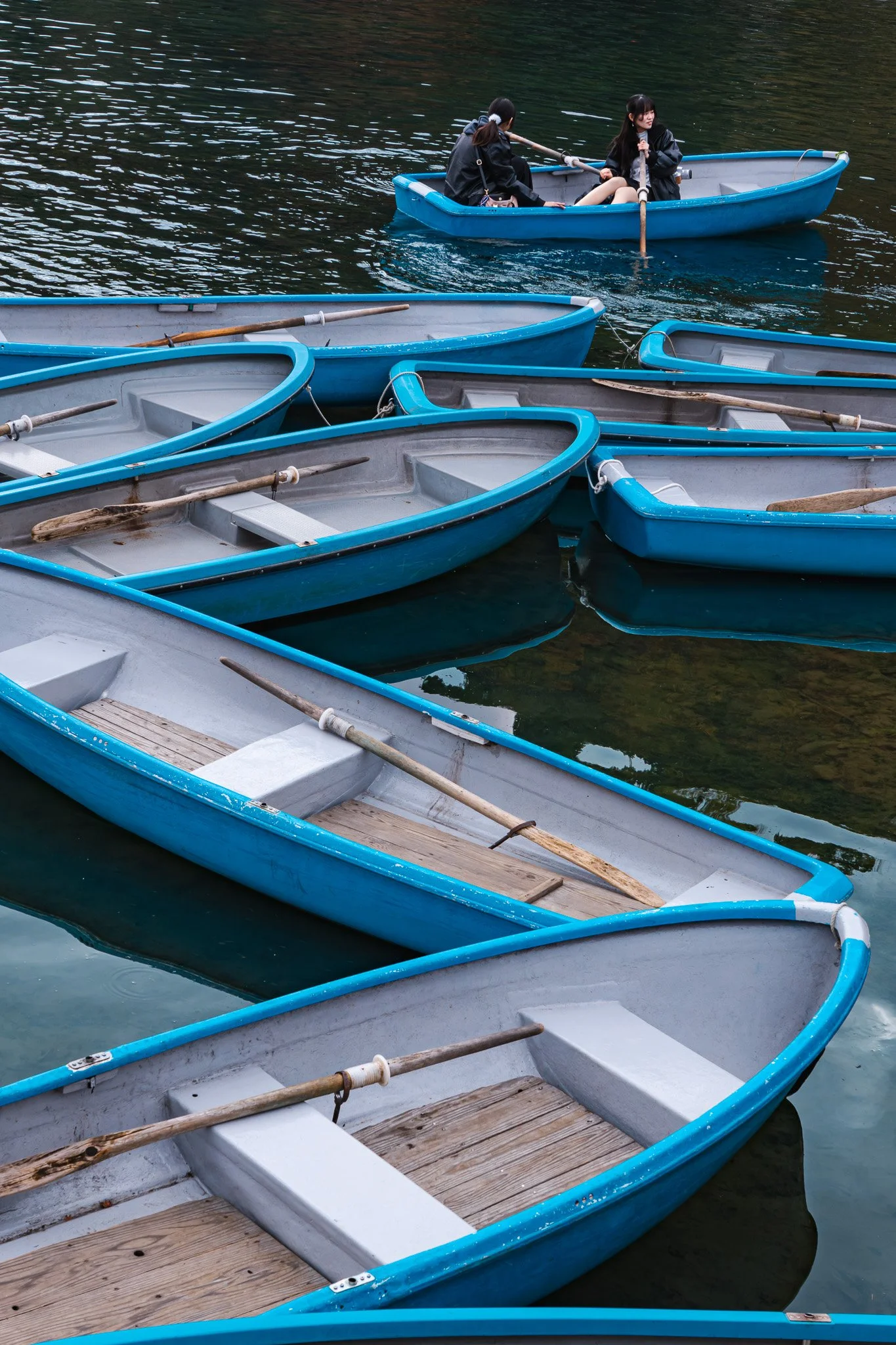 Several blue and white rowboats floating on a calm lake with two people paddling in the background.