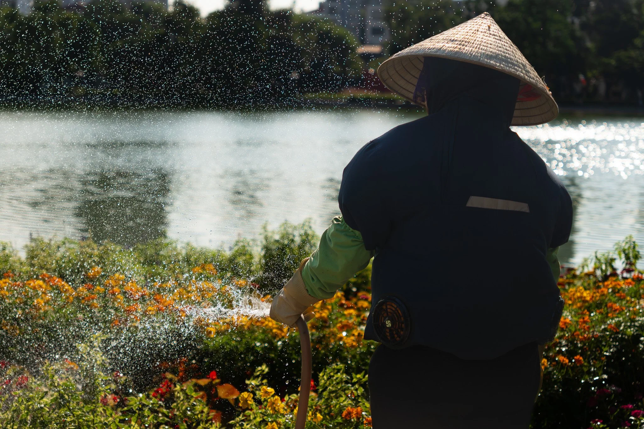 Person wearing a conical hat watering flowers near a river.