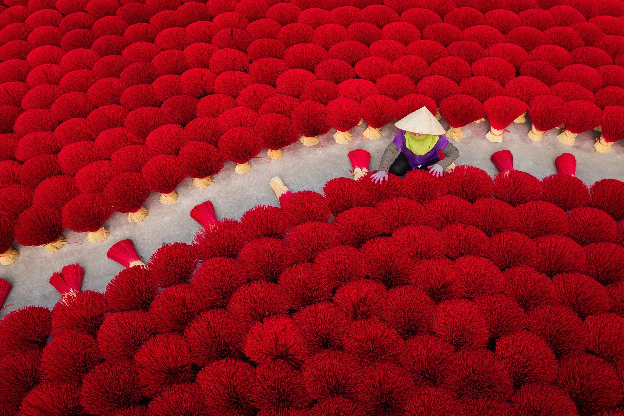 A person wearing a conical hat, a green bandana and purple jacket, and pink gloves, arranging red incense among a large field of red bundles of sticks.