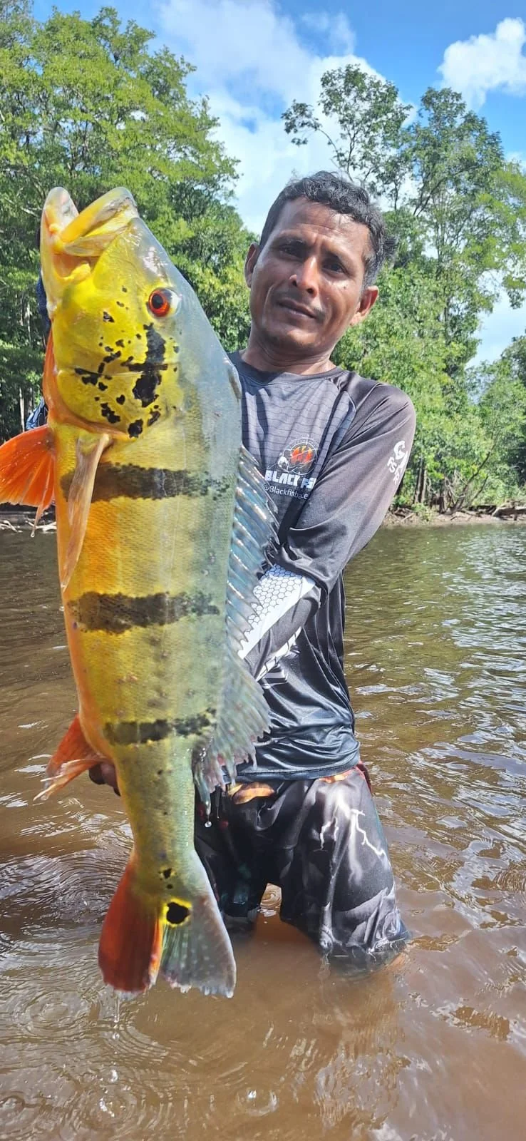 Man standing in water outdoors holding a large yellow and black striped fish.