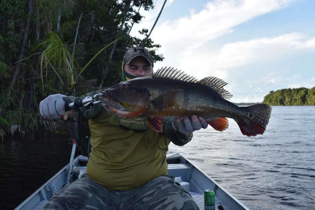 Man sitting in a boat holding a large fish, with trees and a cloudy sky in the background.