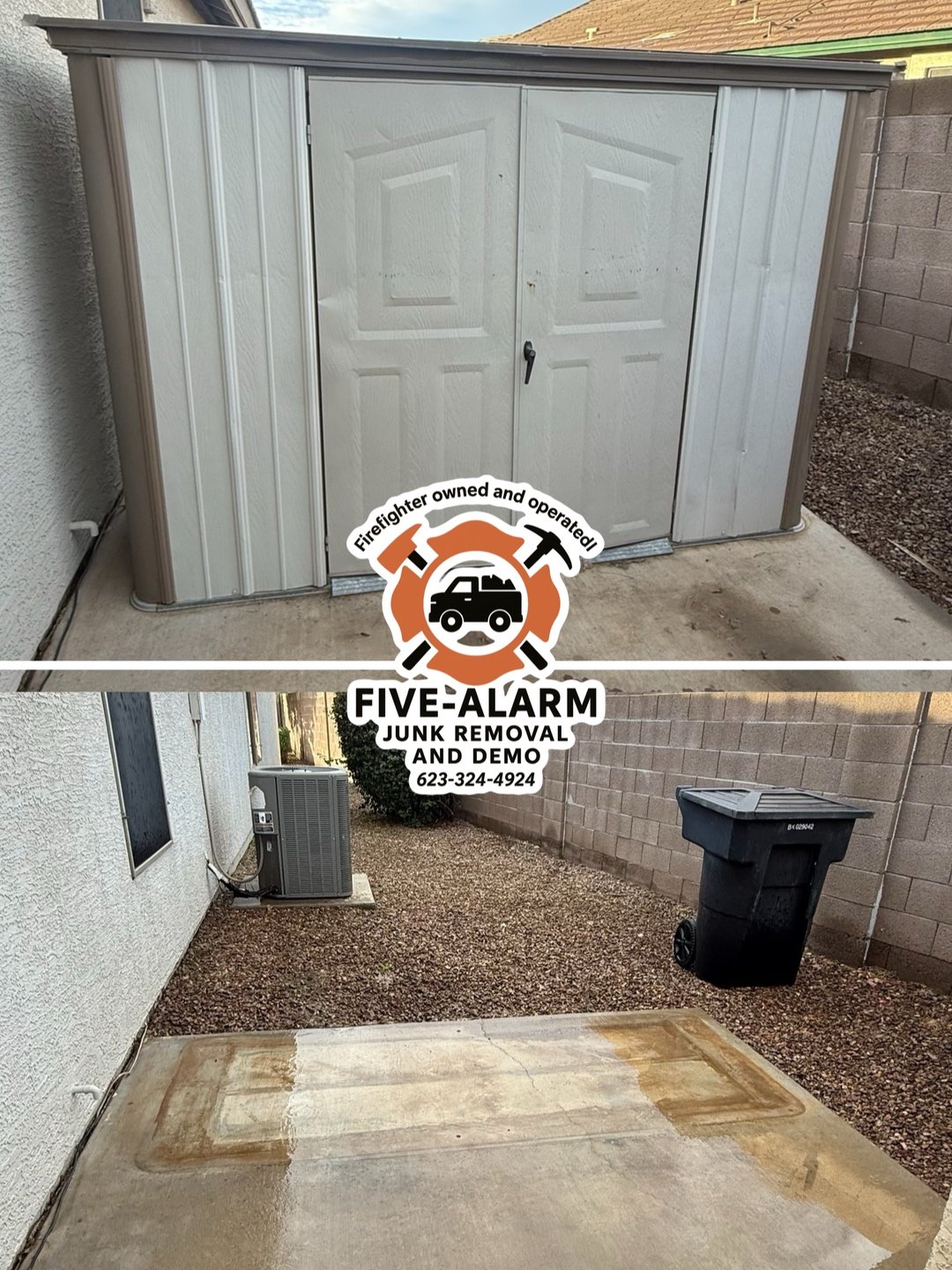 Comparison of a storage shed before and after cleaning or maintenance. The top part shows the shed in clean condition, while the bottom part shows the same area after some cleaning, with stains and dirt visible on the concrete surface.
