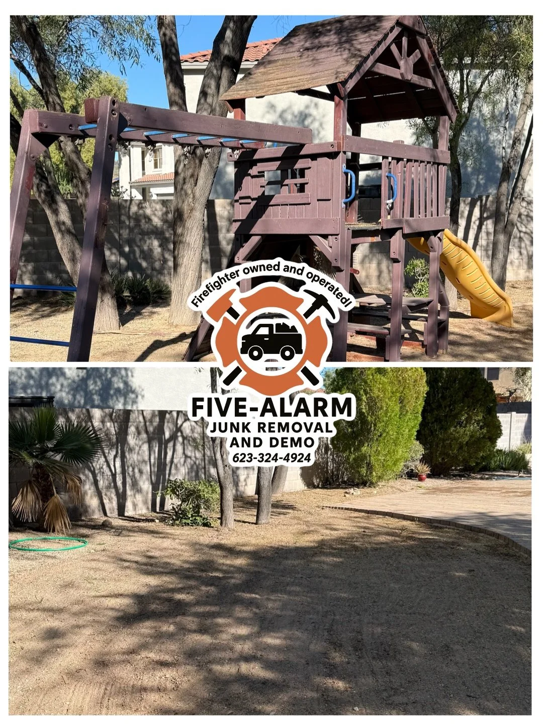 A backyard with a wooden playset that has a slide, swing, and climbing features, surrounded by trees and a brick wall. The ground is dirt. There is a logo for Five Alarm Junk Removal and Demo overlayed near the center of the image.