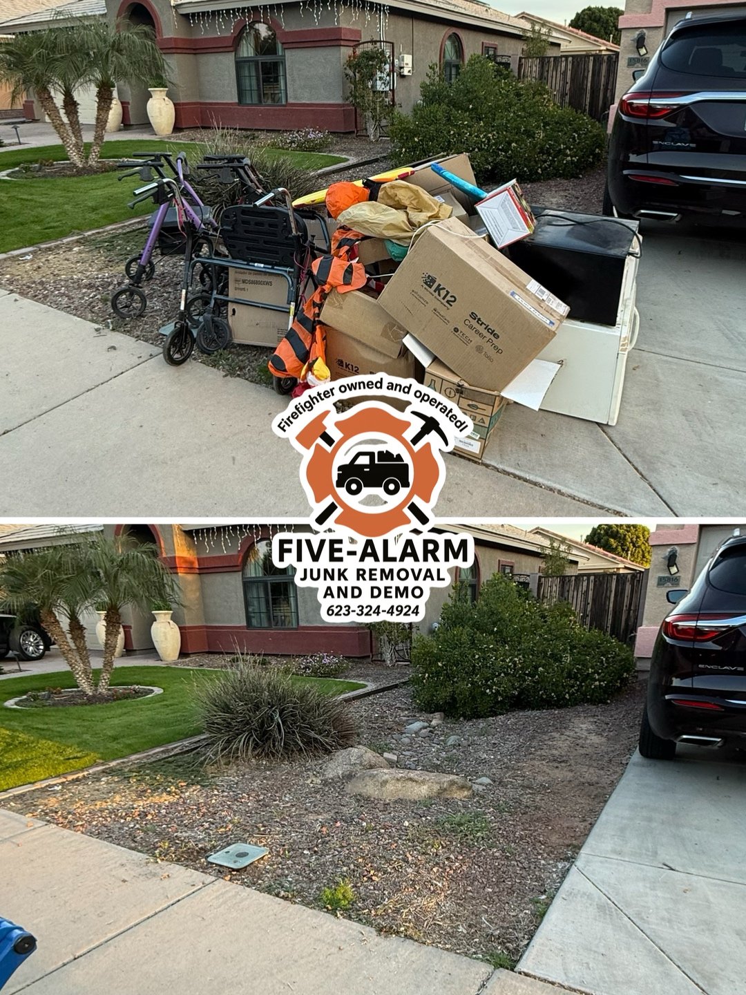 Before and after images of a yard cleanup by Five Alarm Junk Removal. The first shows a pile of garbage and discarded items including boxes, bicycles, and bags. The second shows the same area cleared and clean, with the logo of the junk removal company overlaying the image.