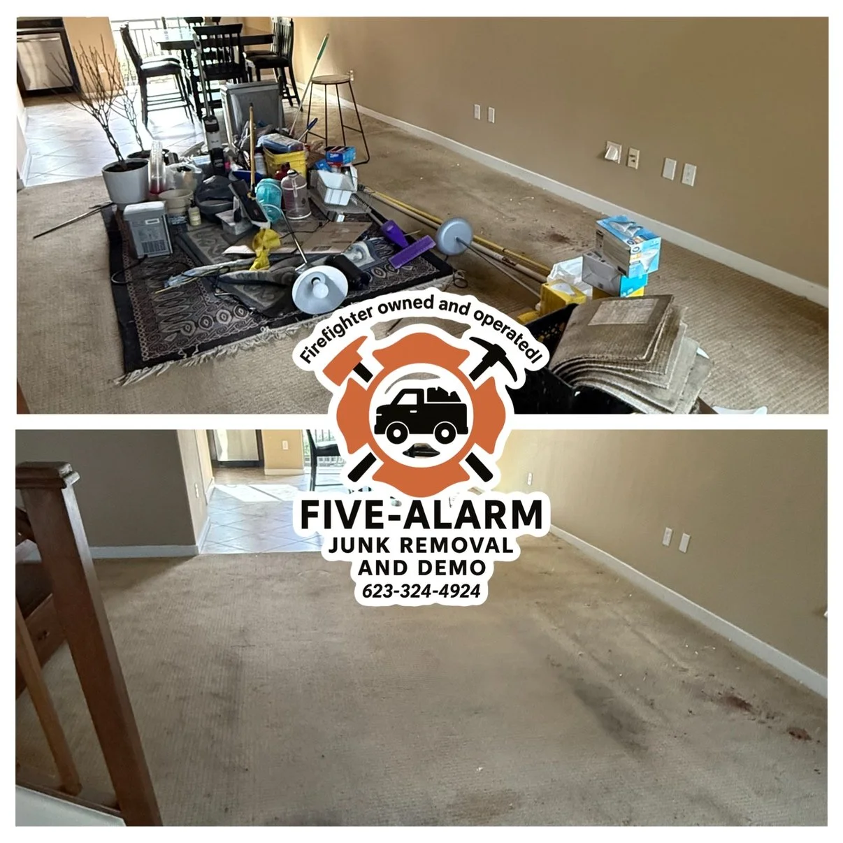 Comparison of a cluttered living room before and a cleaned, decluttered living room after junk removal service.