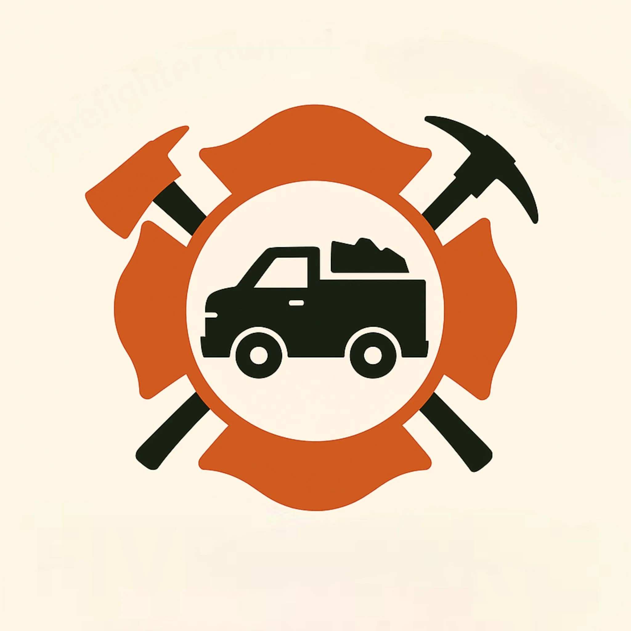 A firefighter emblem with a black fire truck in the center, a fire helmet outline, and two crossed axes in the background.