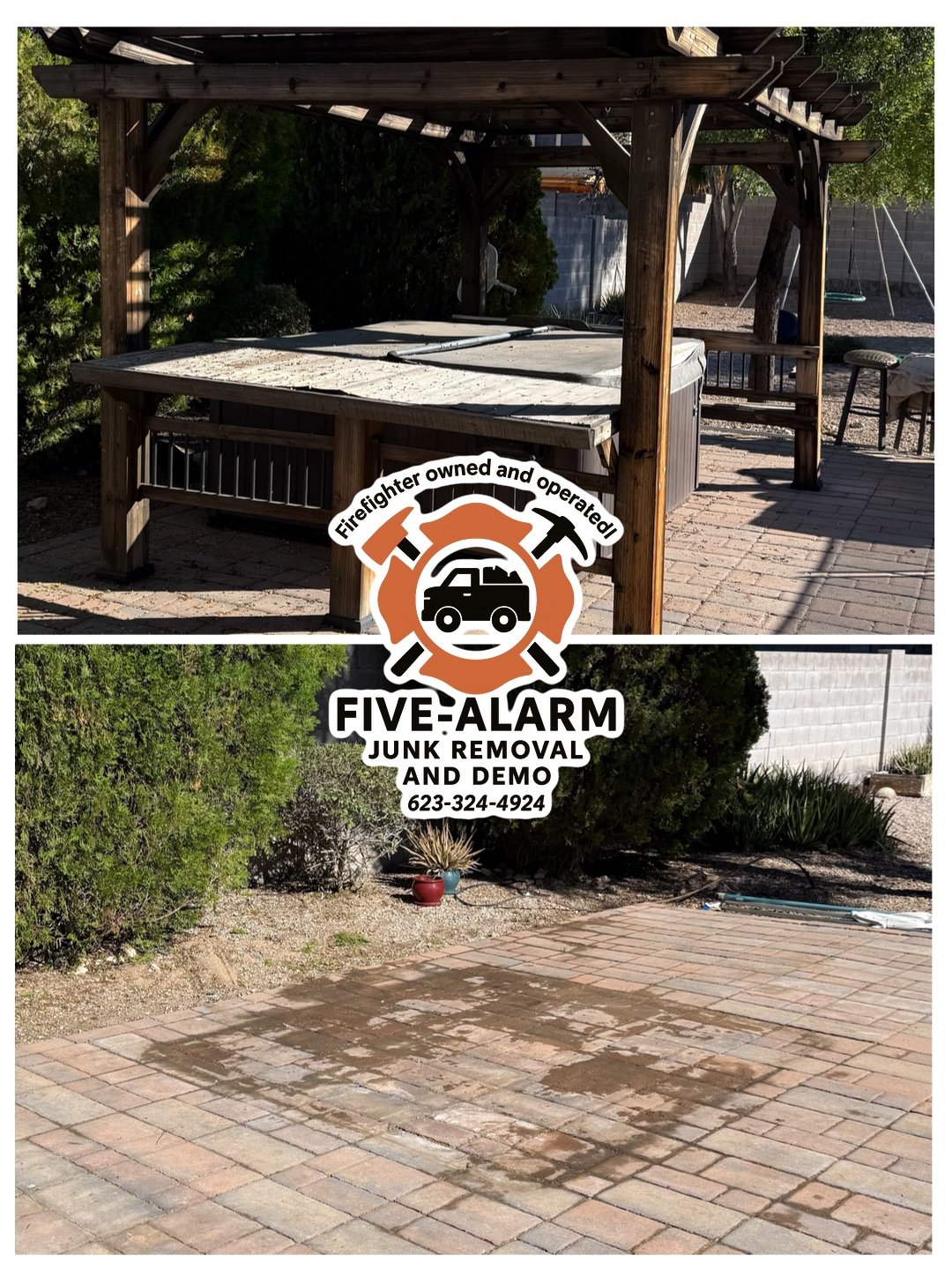 Before and after images of a backyard area. The top shows a covered hot tub on a patio with a wooden pergola, while the bottom shows the same space after junk removal, with a clean brick patio and some plants along the edges.