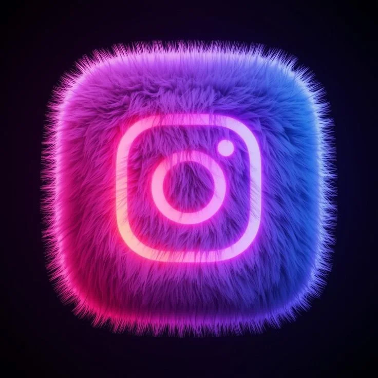 A neon sign of the Instagram logo surrounded by a fluffy, colorful fur-like texture in pink, purple, and blue.
