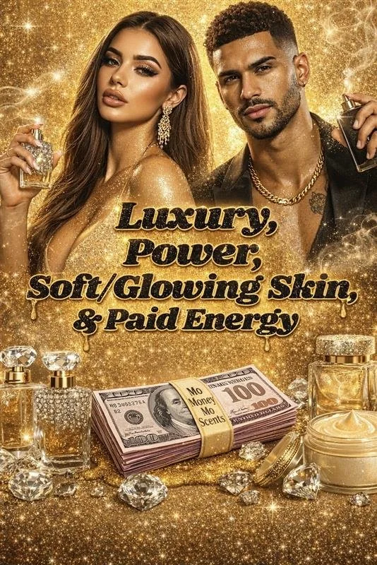 Two glamorous individuals, a woman and a man, dressed in luxurious fashion, holding perfume bottles against a sparkling gold background. The scene includes a stack of hundred-dollar bills, perfume bottles, and jewelry, emphasizing themes of wealth, luxury, and opulence.