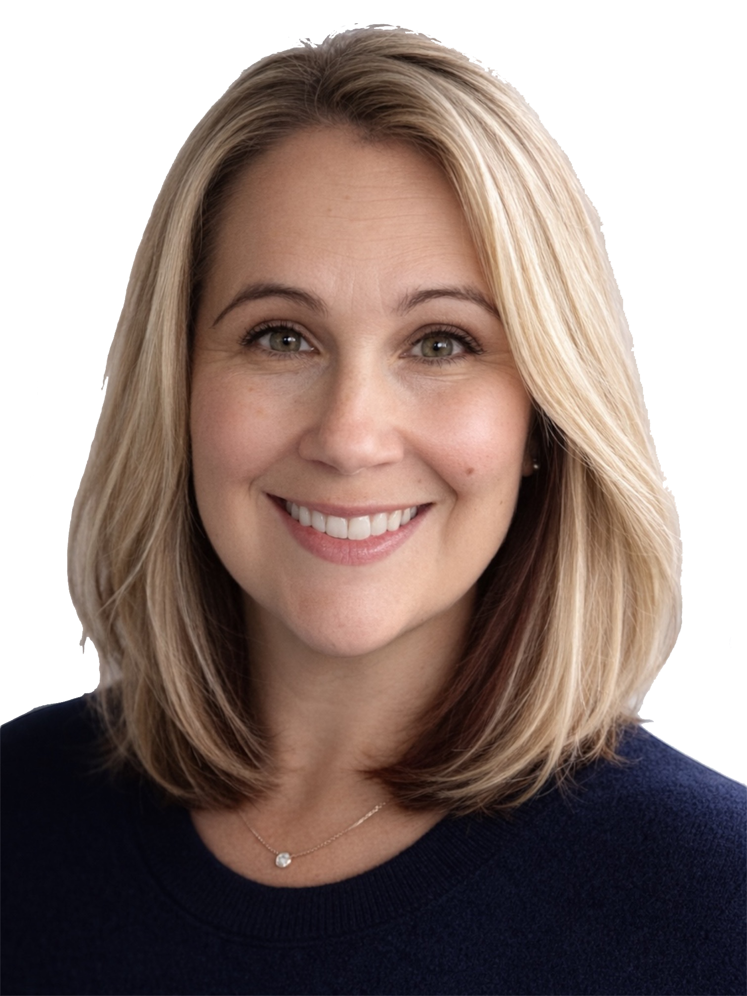 Close-up of a smiling woman with shoulder-length blonde hair, wearing a dark top and a delicate necklace.