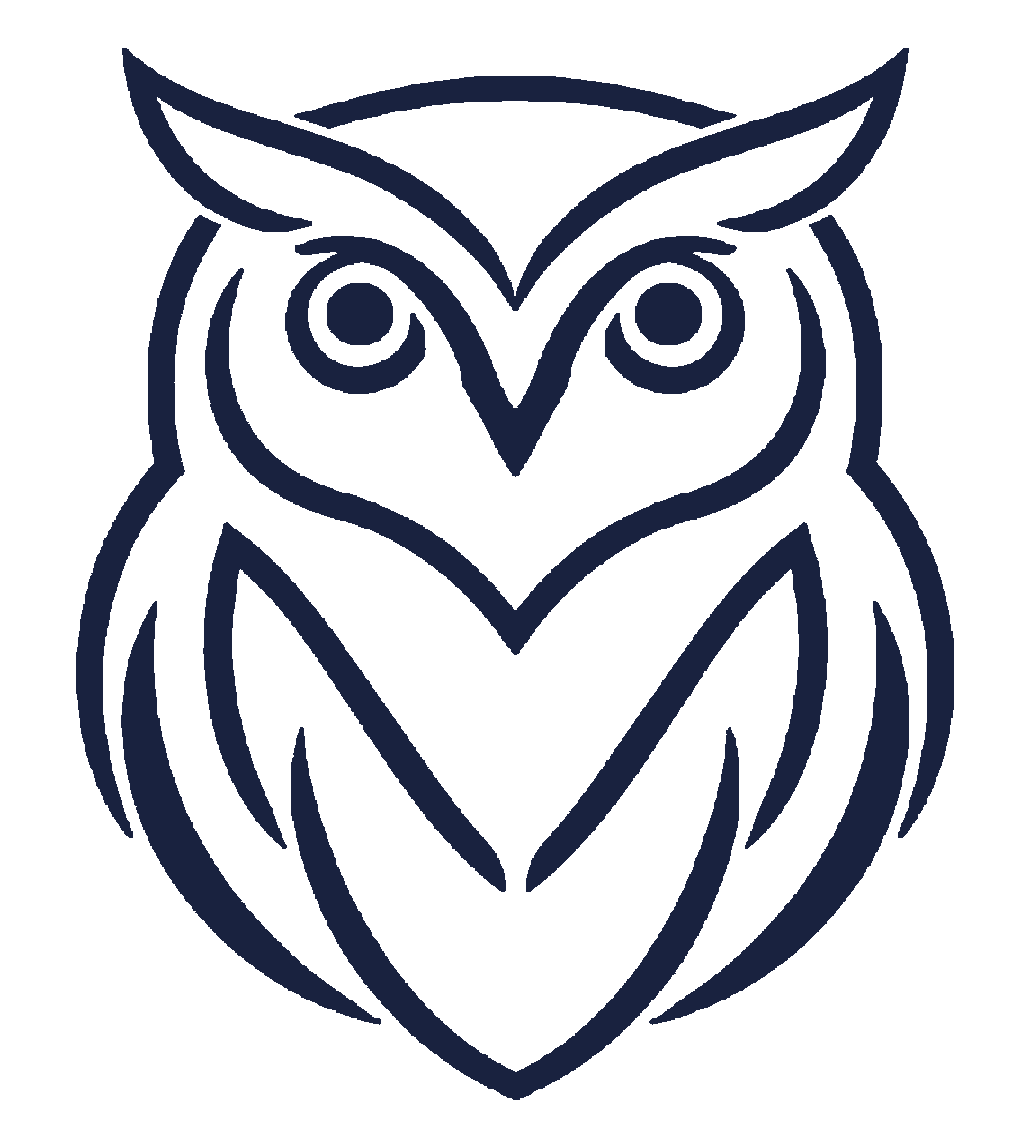 Line drawing of an owl with large eyes, pointed ears, and feather details, depicted in dark blue on a black background.