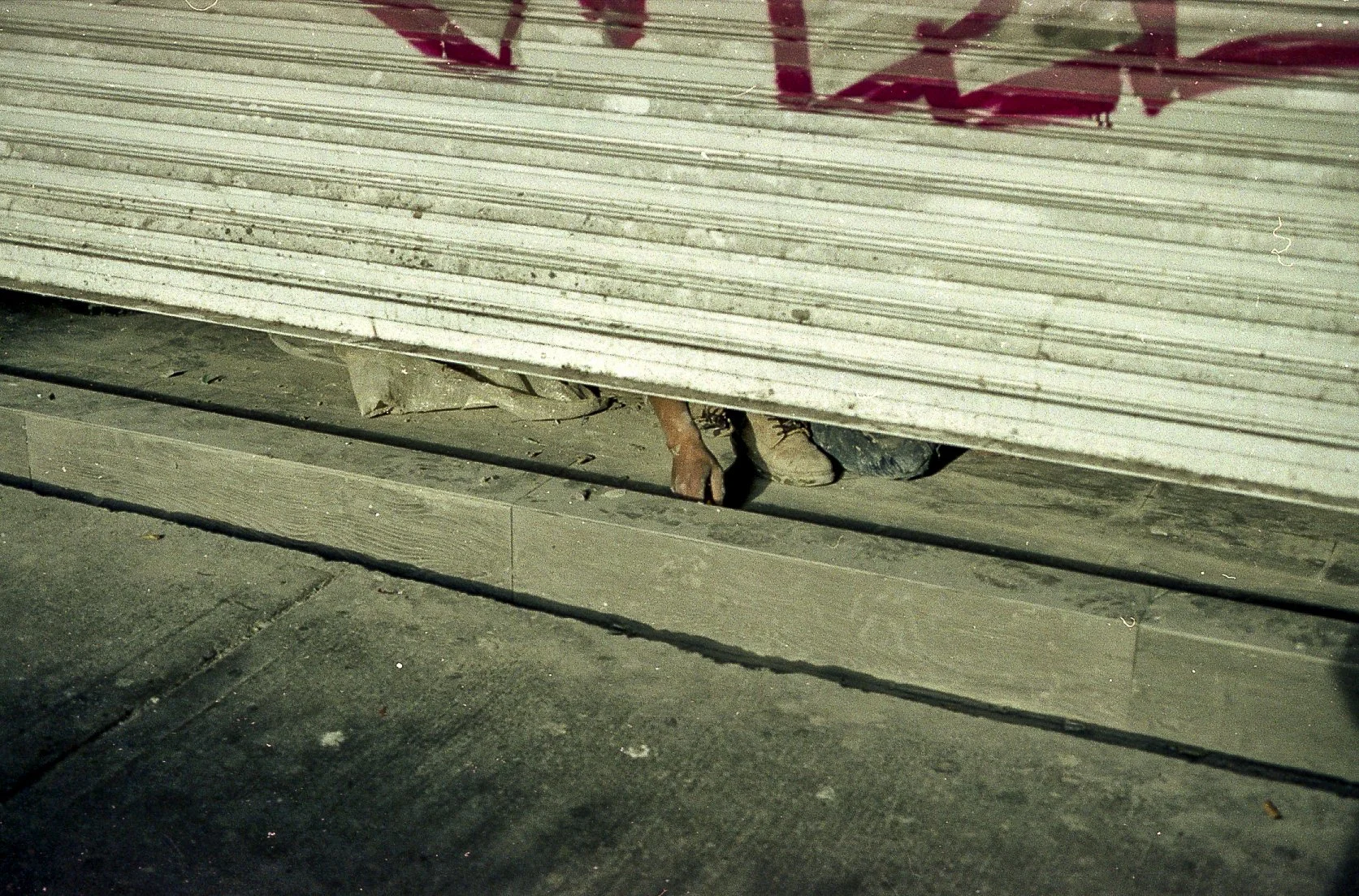 Un perro escondido debajo de una persiana de metal en una acera de la calle.