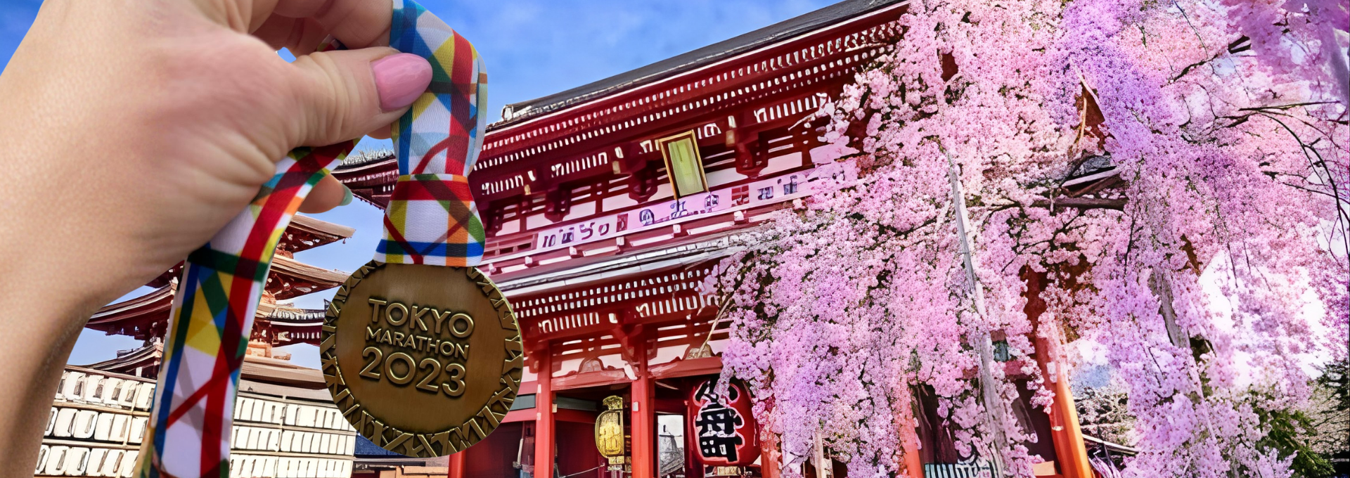 Person holding a Tokyo Marathon 2023 medal in front of a traditional Japanese temple with pink cherry blossoms.
