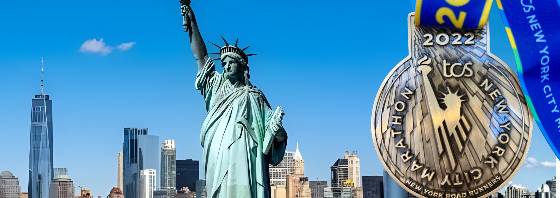 The Statue of Liberty and a finisher's medal from the 2022 TCS New York City Marathon with a blue ribbon, held against a cityscape with tall buildings.
