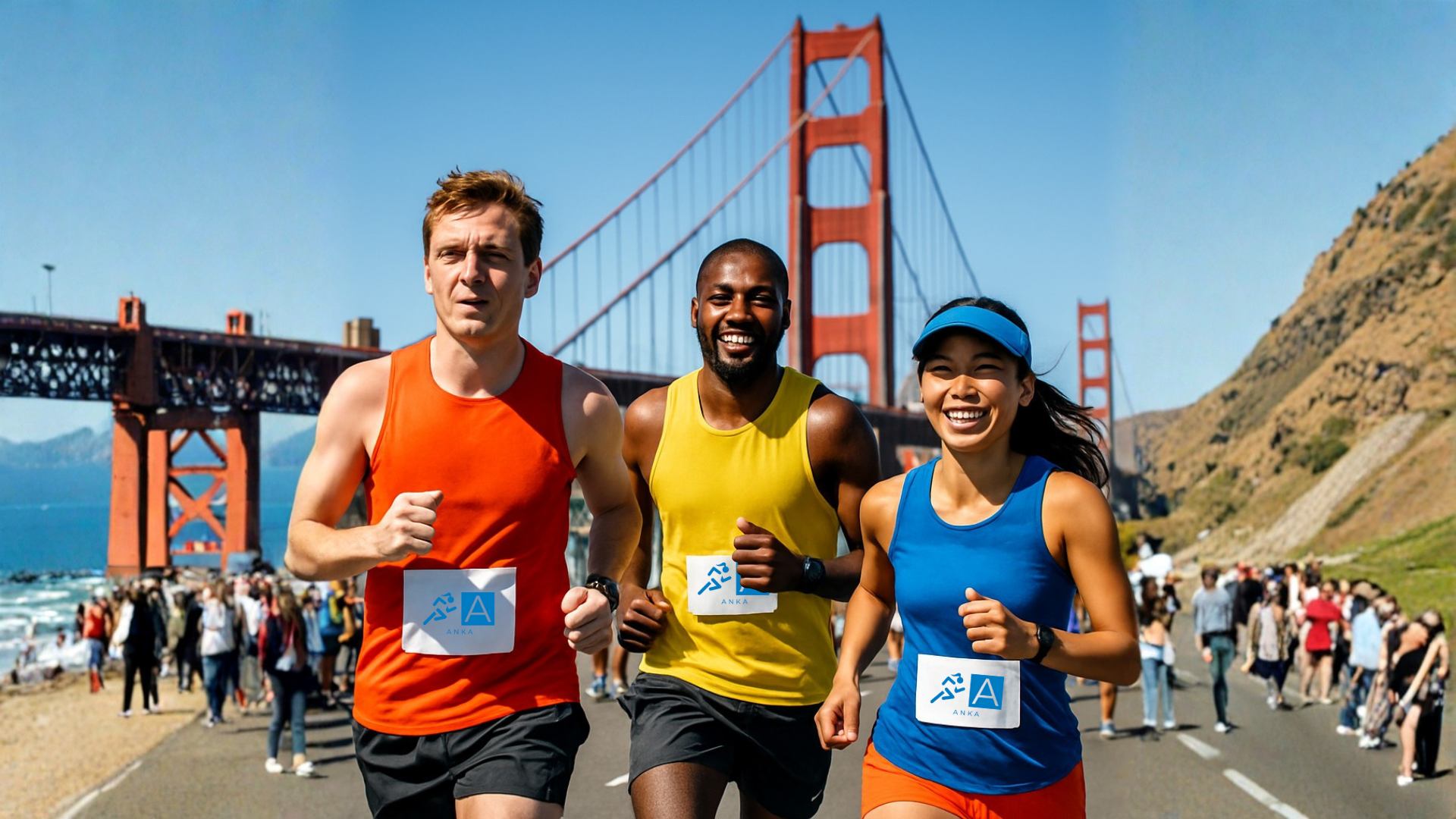 Three runners participating in a marathon race under the Golden Gate Bridge with spectators in the background.
