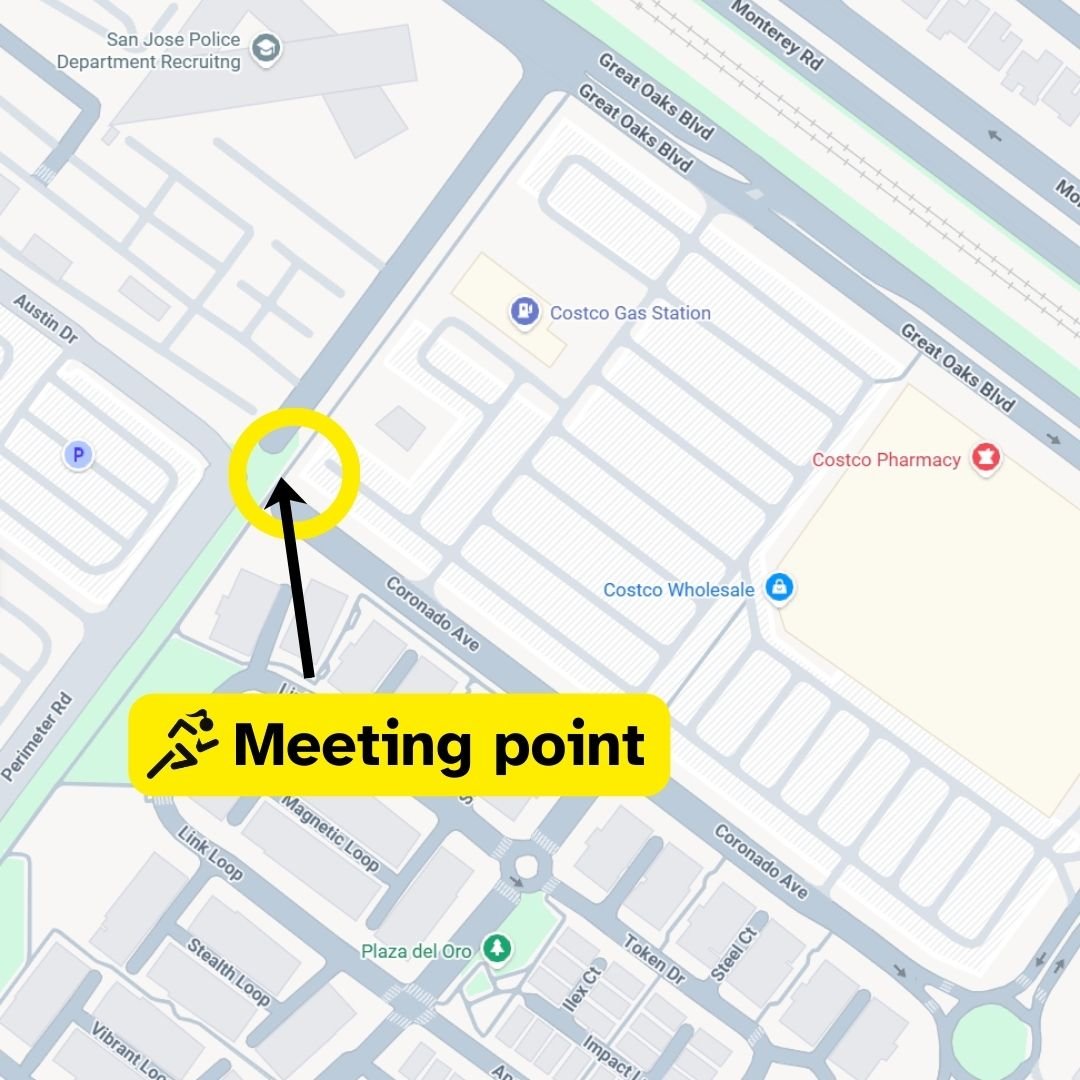 A map showing a meeting point on Perimeter Road near Coronado Avenue, marked with a yellow circle and an arrow, with labels for Costco Gas Station, Costco Wholesale, and Plaza del Oro in San Jose.