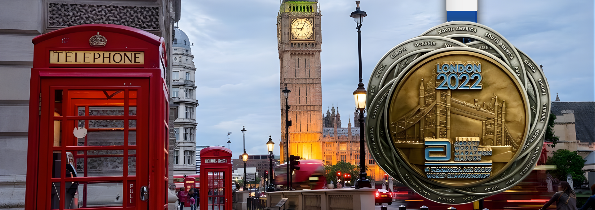 London cityscape with Big Ben clock tower, red telephone booths, and a commemorative medal for London 2022 marathons.