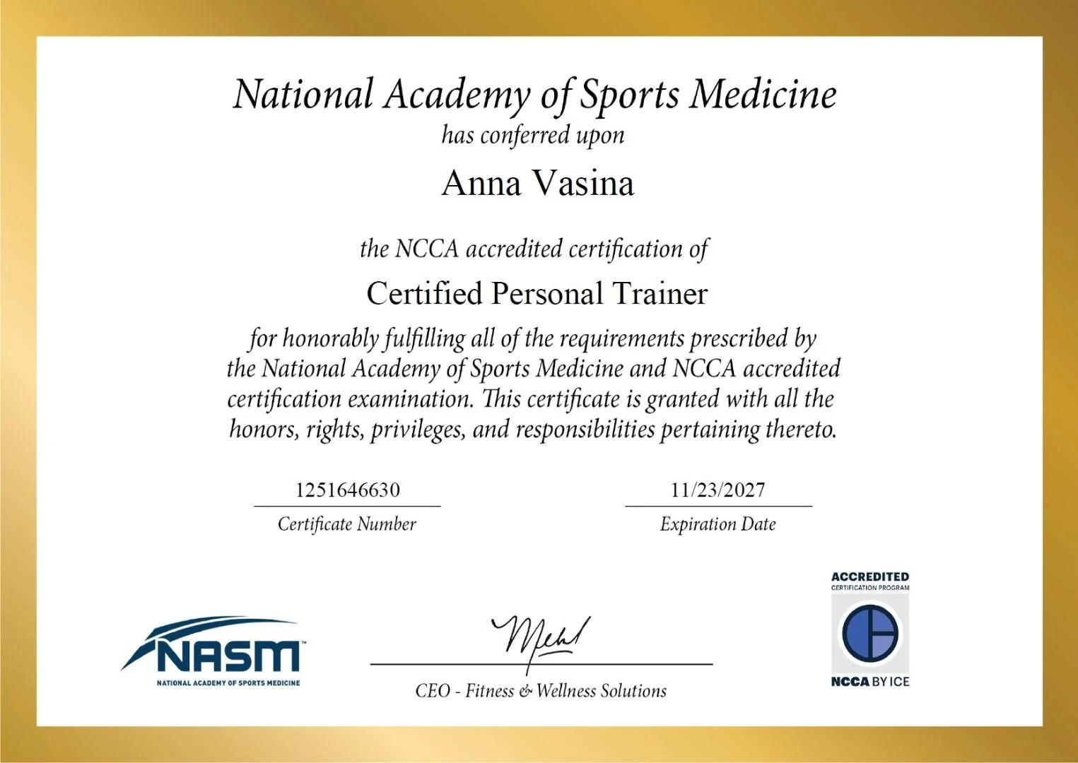 Certificate from the National Academy of Sports Medicine conferred to Anna Vasina for certified personal trainer, with NASM logo and NCCA accreditation seal, dated November 23, 2027.