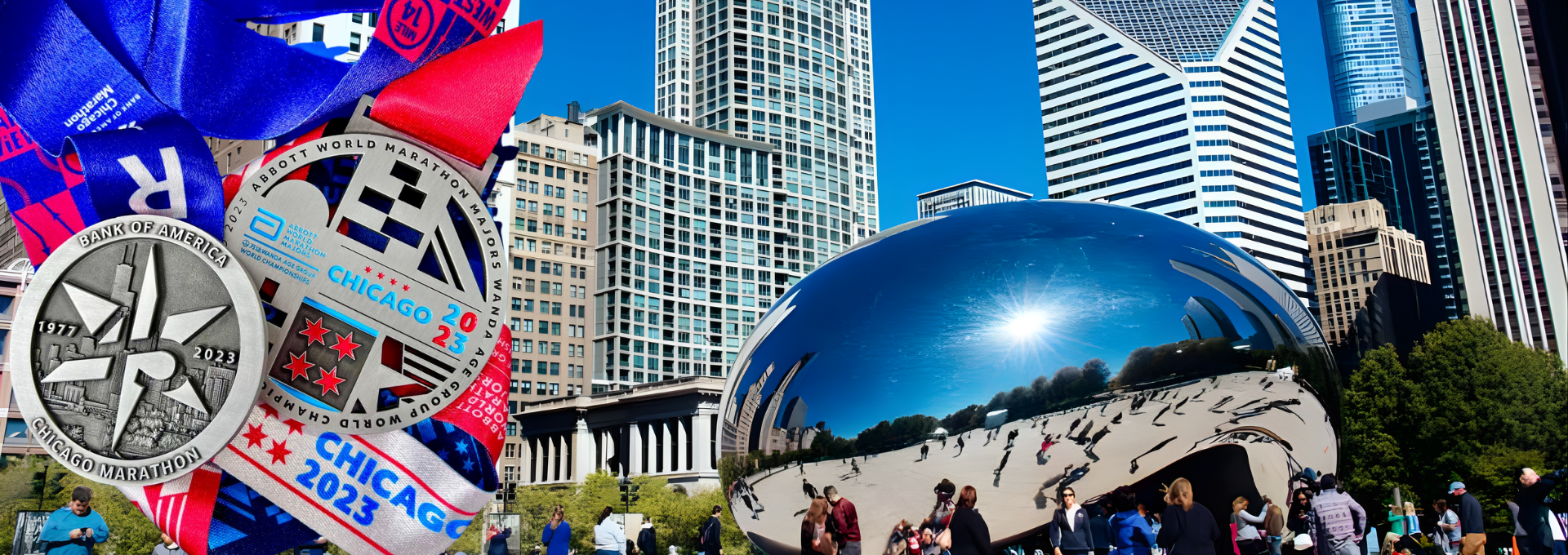 Medals from the 2023 Chicago Marathon with the city's skyline and the Cloud Gate sculpture in Millennium Park reflected in its surface, and people walking around on a sunny day.