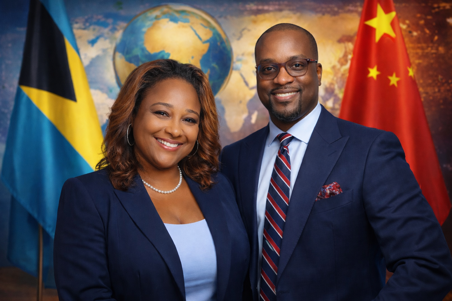 A smiling woman and man standing in front of flags of The Bahamas and China, with a world map in the background.